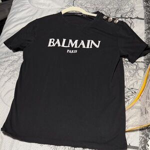 Balmain Black Short Sleeve Tee with Silver Buttons